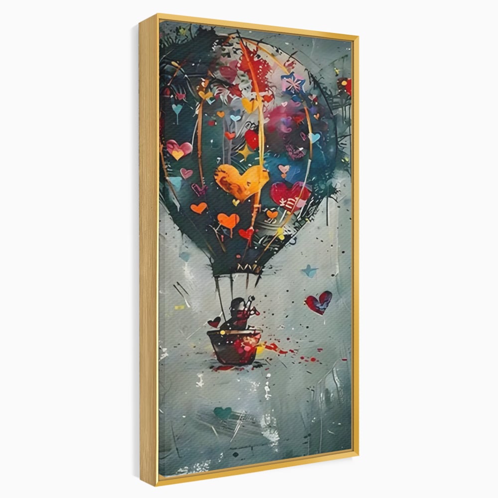 Tablou canvas cu tablou canvas cu balon cu aer cald si inimi, in rama de aluminiu auriu